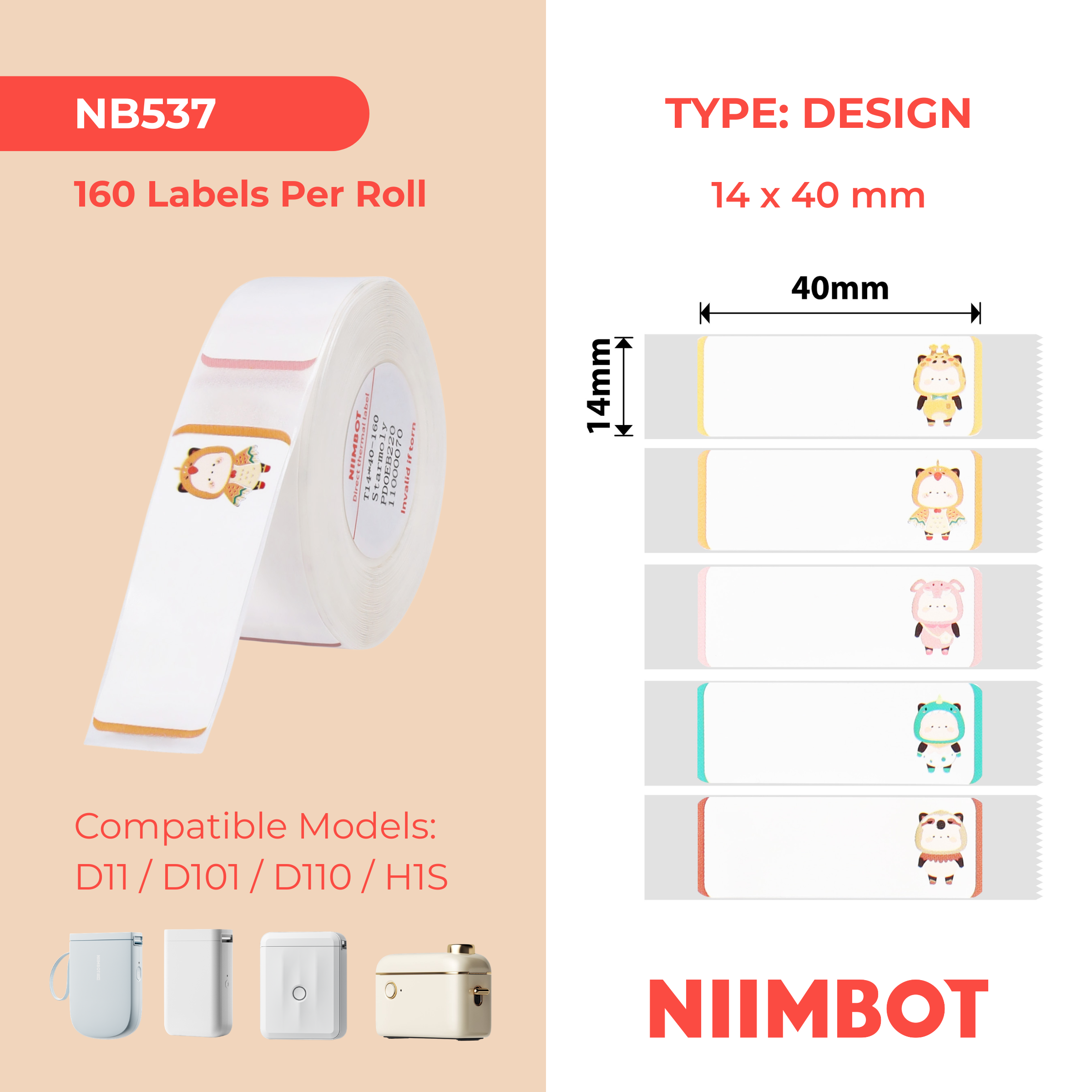 NB537 - Niimbot - D11 / D101 / D110 / H1S - 14x40mm - 160 Starmoly Labels
