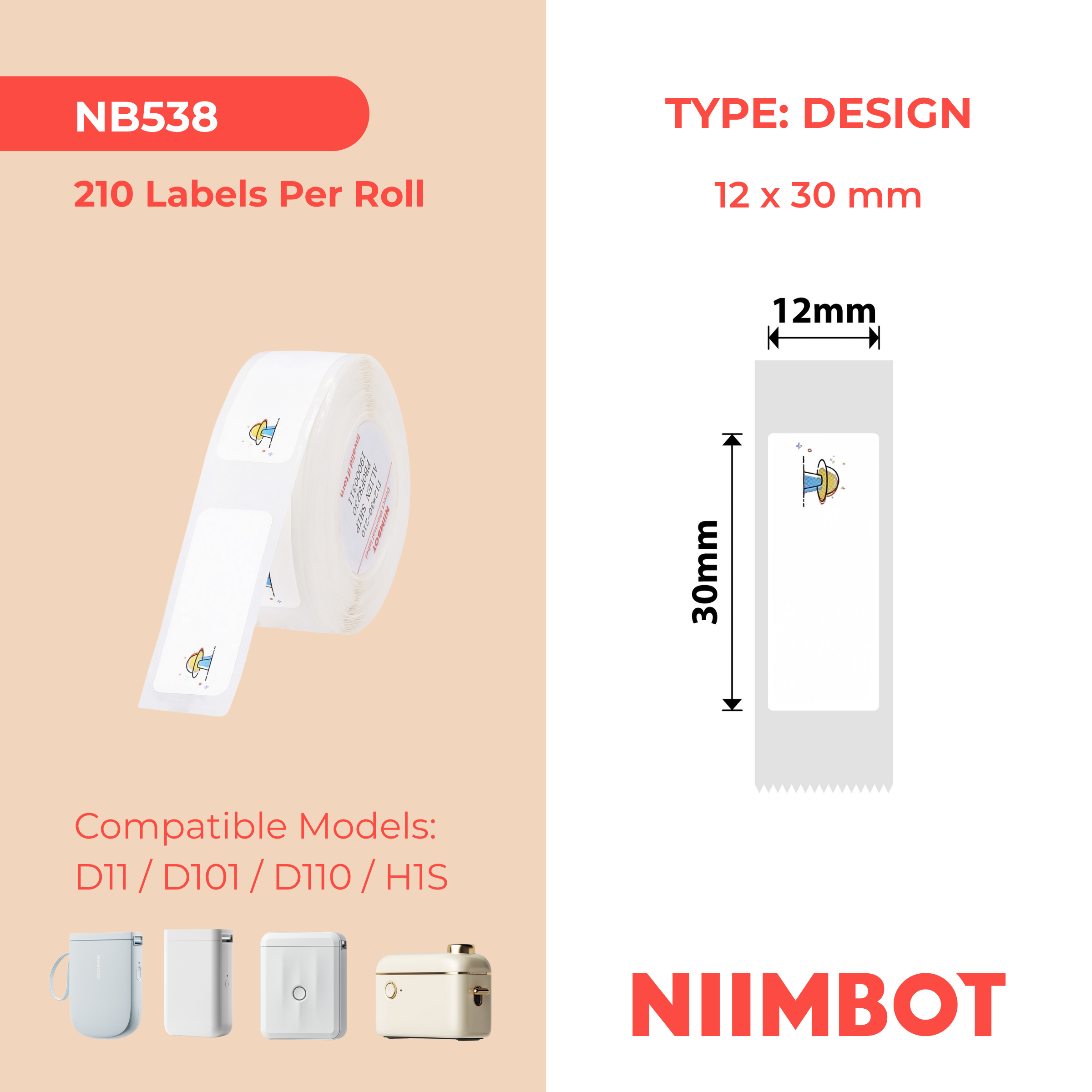 NB538 - NIIMBOT - D11 / D101 / D110 / H1S - T12X30MM - 210 LABELS PER ROLL - ALIEN SHIP