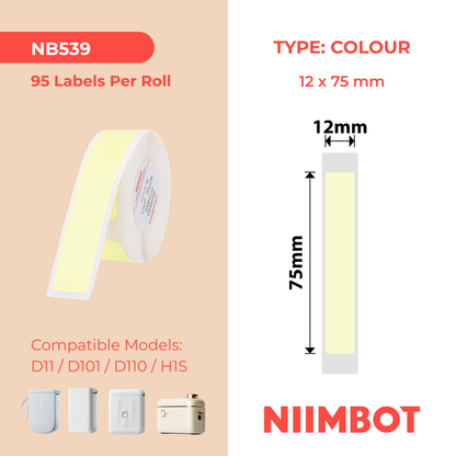 NB539 - NIIMBOT - D11 / D101 / D110 / H1S - T12X75MM - 95 LABELS PER ROLL - LIGHT YELLOW