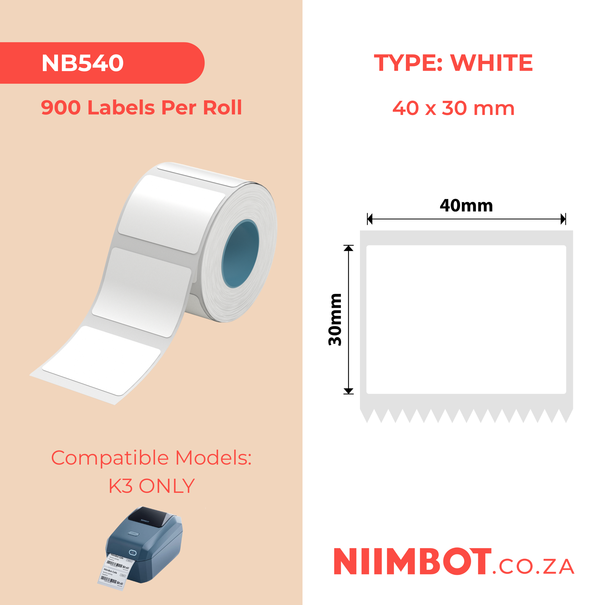 NB540 - NIIMBOT - K2 / K3 - T40X30MM - 900 LABELS PER ROLL - WHITE