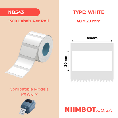 NB543 - NIIMBOT - K2 / K3 - T40X20MM - 1,300 LABELS PER ROLL - WHITE
