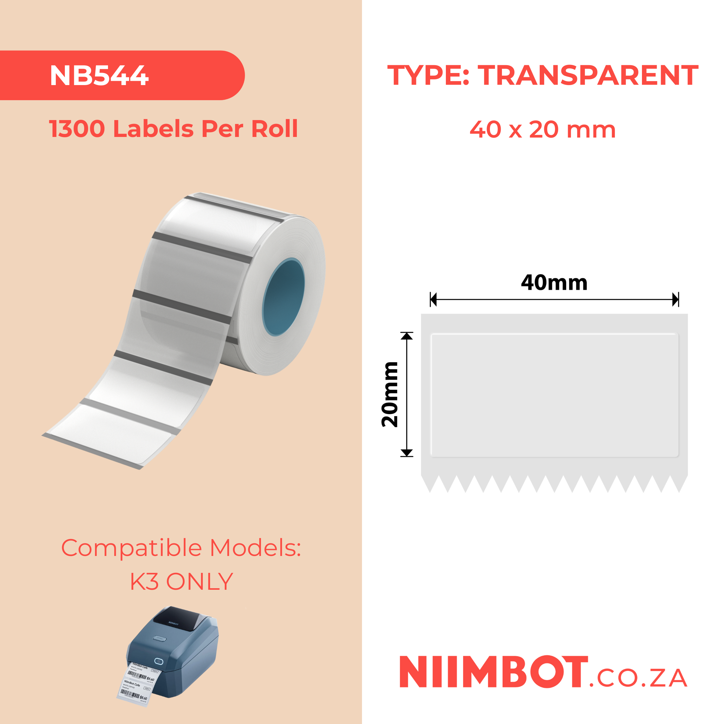 NB544 - NIIMBOT - K2 / K3 - TT40X20MM - 1,300 LABELS PER ROLL - TRANSPARENT