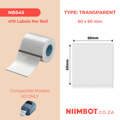 NB545 - NIIMBOT - K2 / K3 - TT60X60MM - 470 LABELS PER ROLL - TRANSPARENT