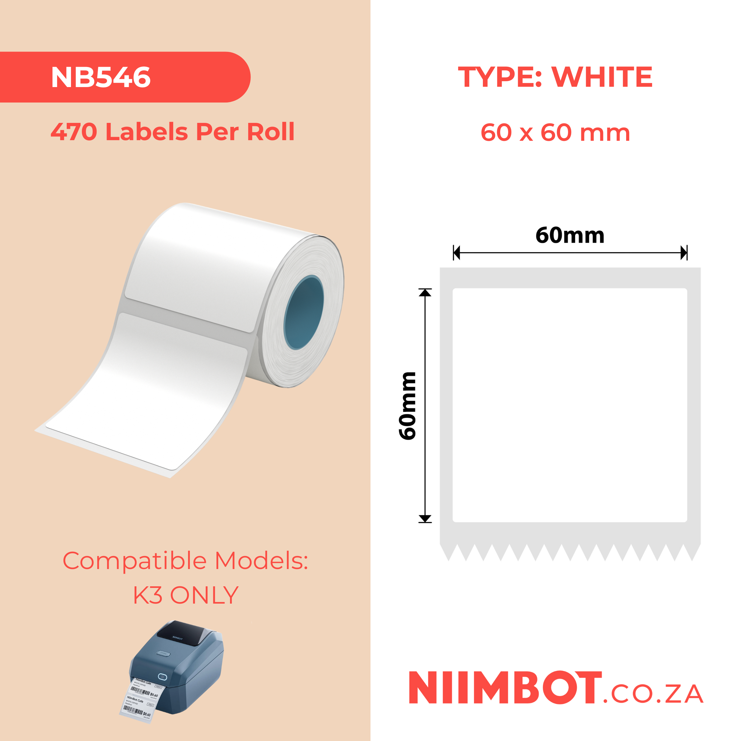 NB546 - NIIMBOT - K2 / K3 - T60X60MM - 470 LABELS PER ROLL - WHITE