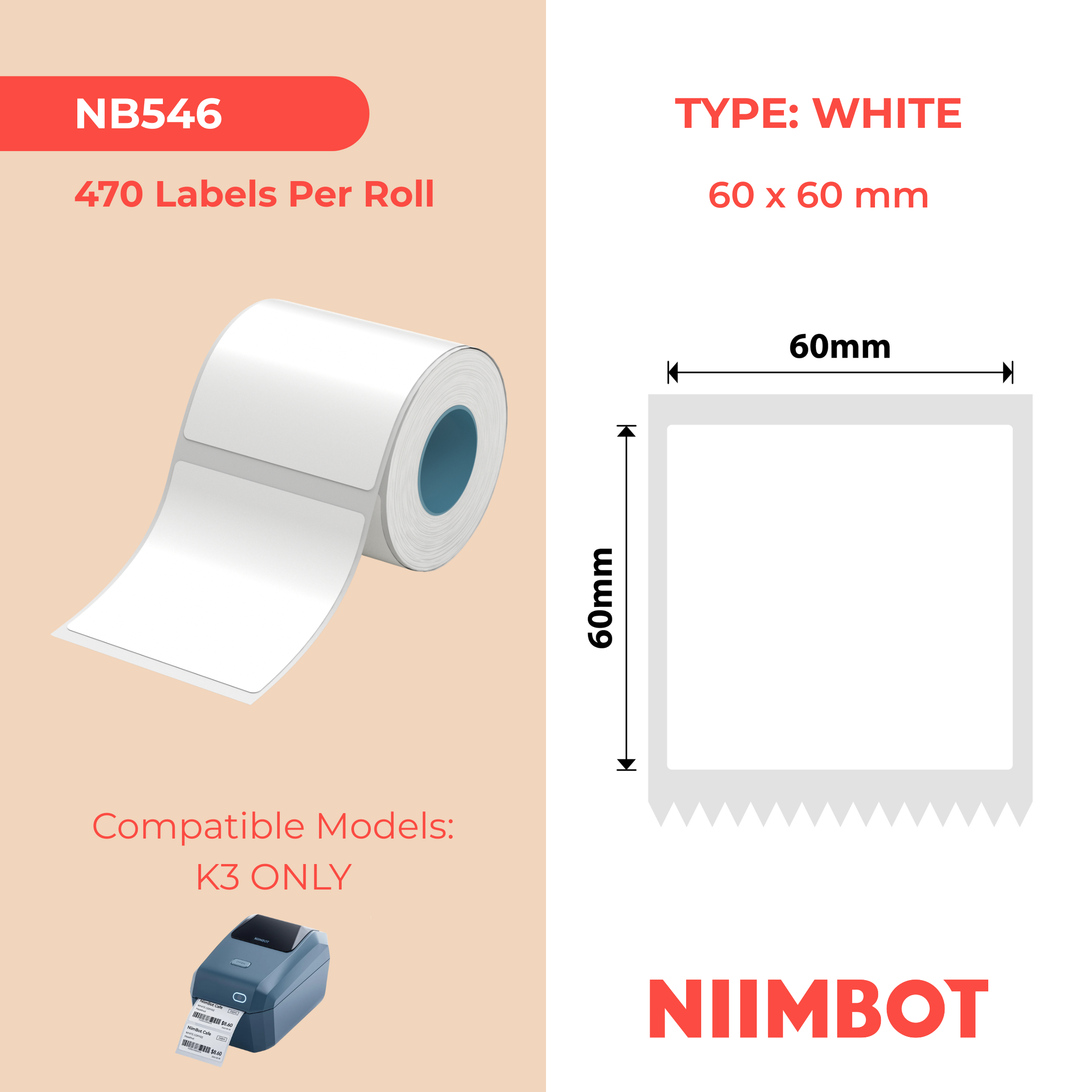 NB546 - Niimbot - K2 / K3 - 60x60mm - 470 White Labels