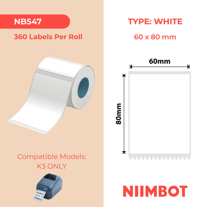 NB547 - NIIMBOT - K2 / K3 - T60X80MM - 360 LABELS PER ROLL - WHITE