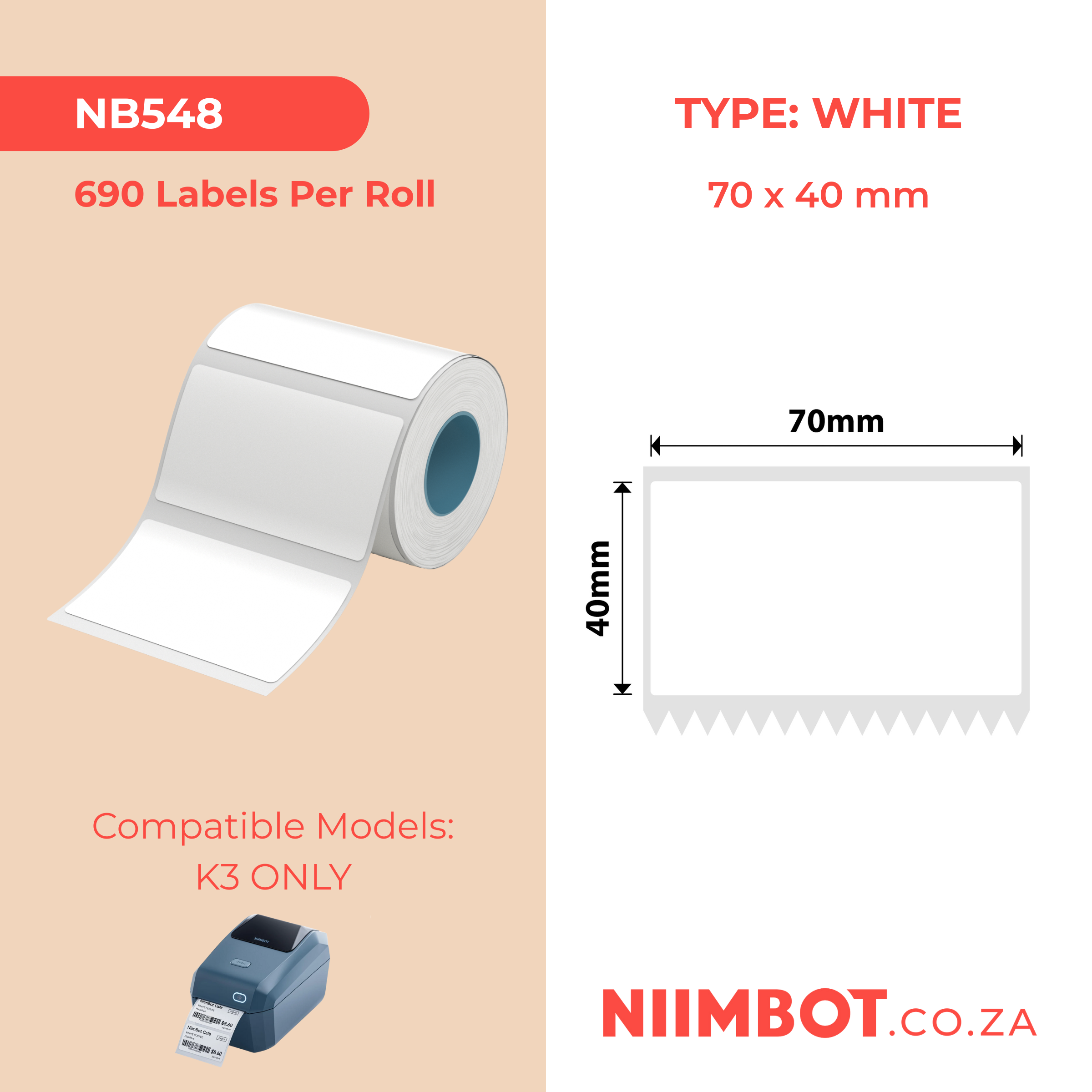 NB548 - NIIMBOT - K3 ONLY - T70X40MM - 690 LABELS PER ROLL - WHITE