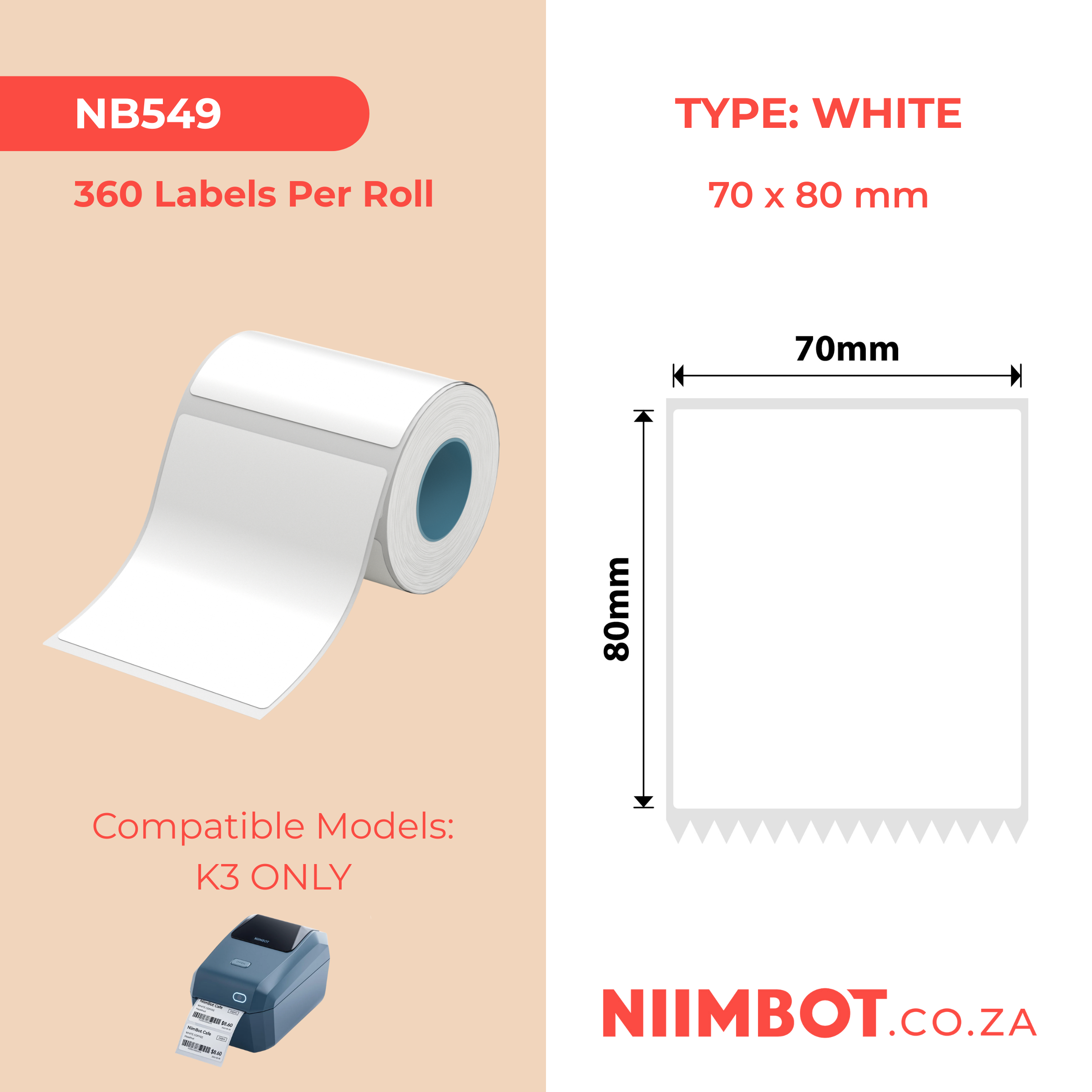 NB549 - NIIMBOT - K3 ONLY - T70X80MM - 360 LABELS PER ROLL - WHITE