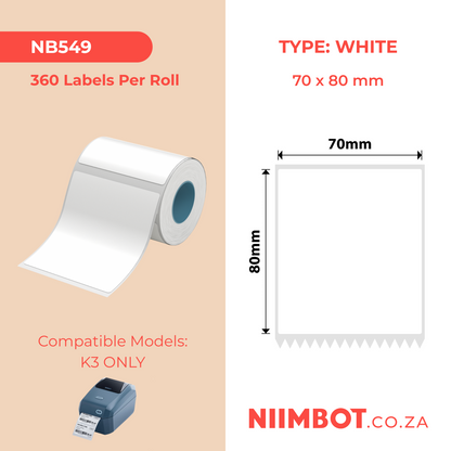 NB549 - NIIMBOT - K3 ONLY - T70X80MM - 360 LABELS PER ROLL - WHITE