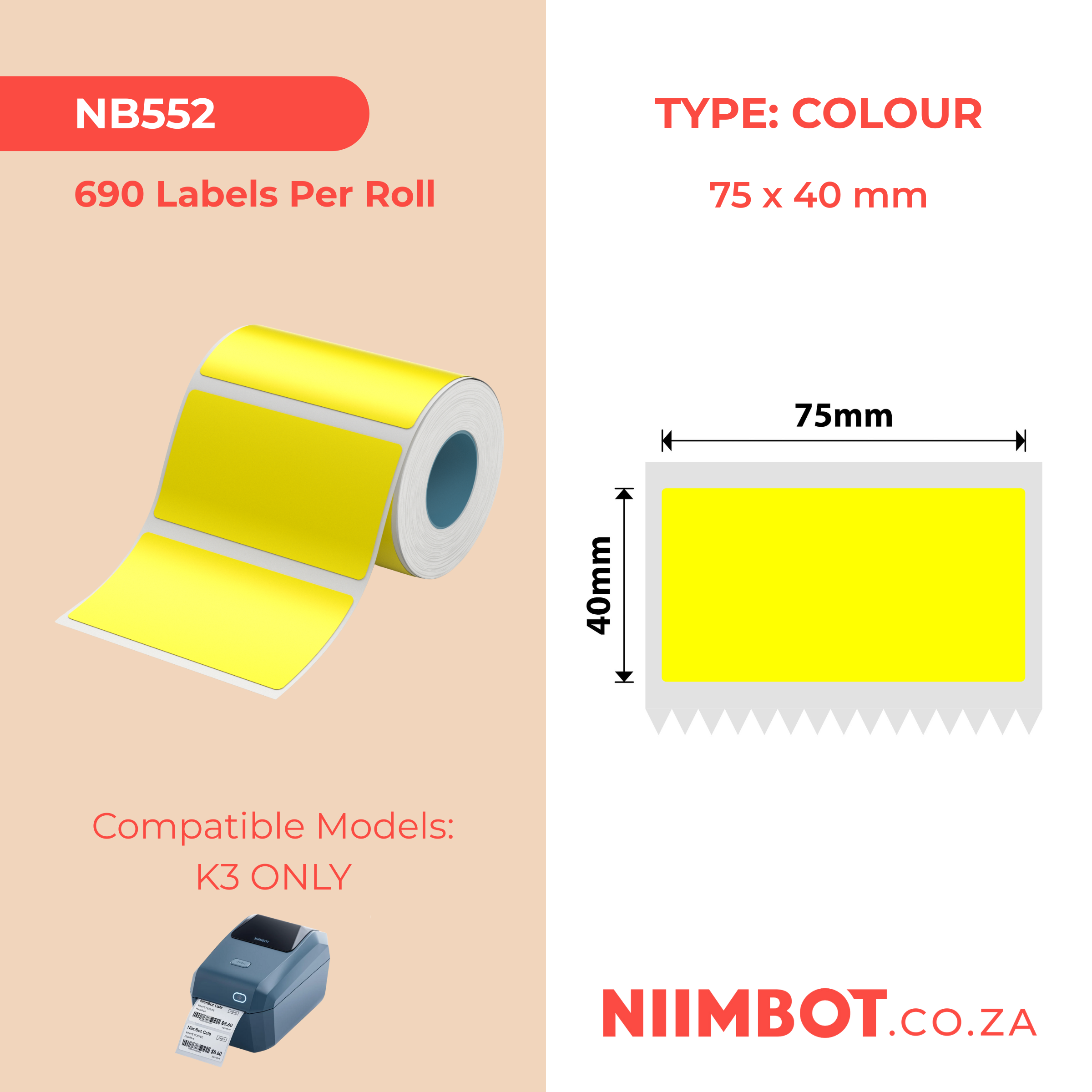 NB552 - NIIMBOT - K3 ONLY - T75X40MM - 690 LABELS PER ROLL - YELLOW