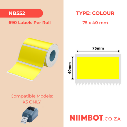 NB552 - NIIMBOT - K3 ONLY - T75X40MM - 690 LABELS PER ROLL - YELLOW