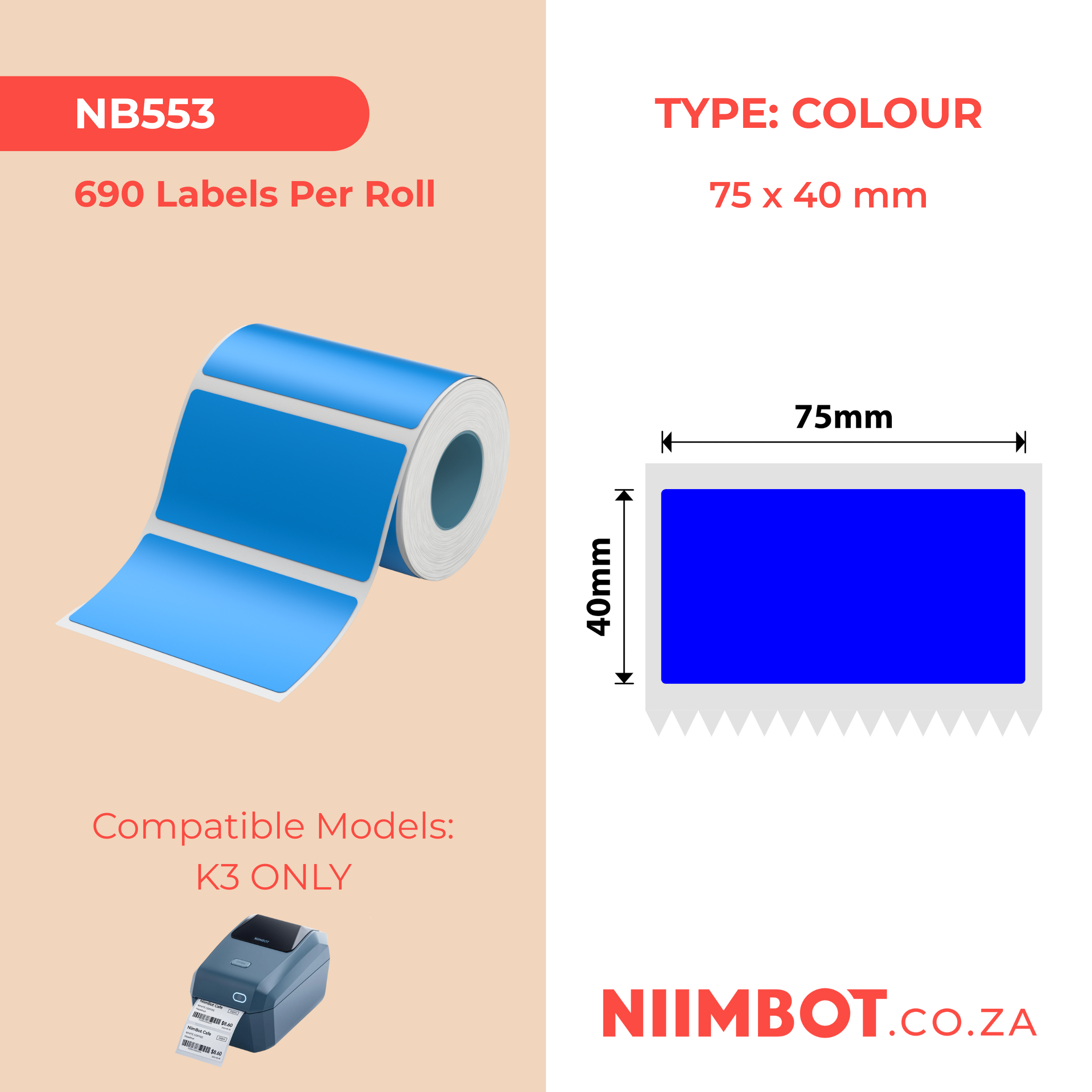 NB553 - NIIMBOT - K3 ONLY - T75X40MM - 690 LABELS PER ROLL - BLUE