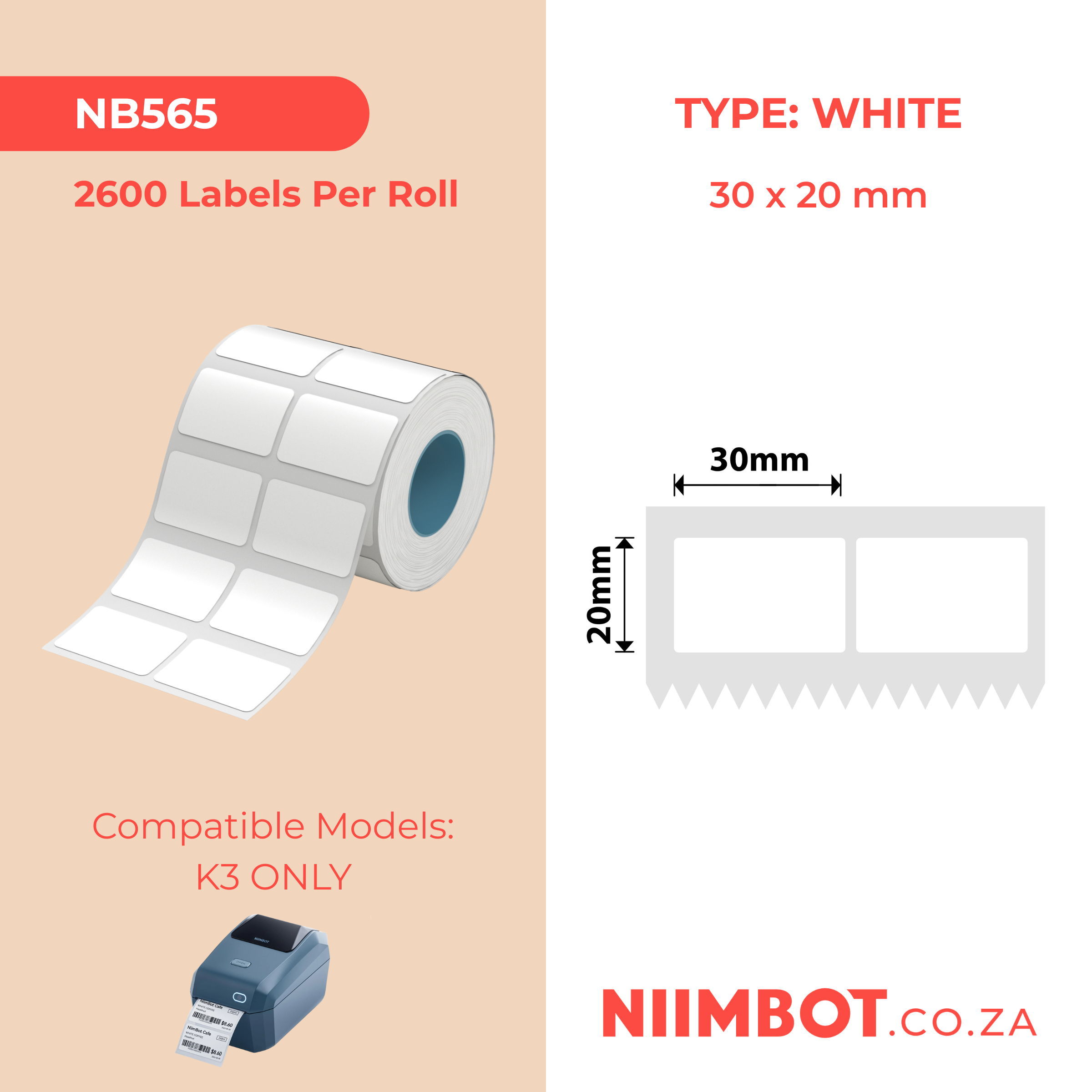 NB565 - NIIMBOT - K3 ONLY - T30X20MM/2L - 2,600 LABELS PER ROLL - WHITE