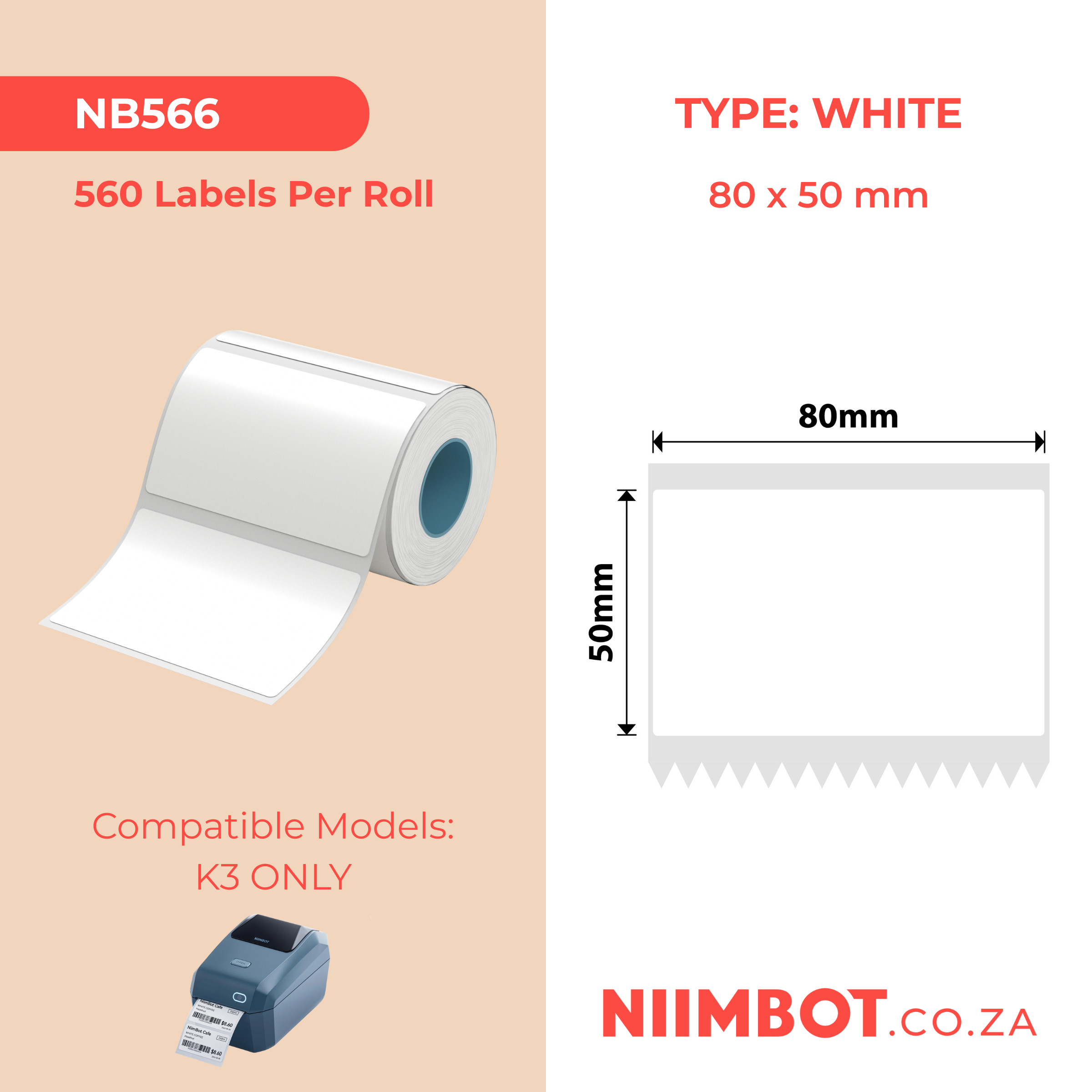 NB566 - NIIMBOT - K2 / K3 - T80X50MM - 560 LABELS PER ROLL - WHITE