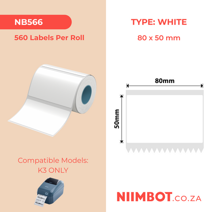 NB566 - NIIMBOT - K2 / K3 - T80X50MM - 560 LABELS PER ROLL - WHITE