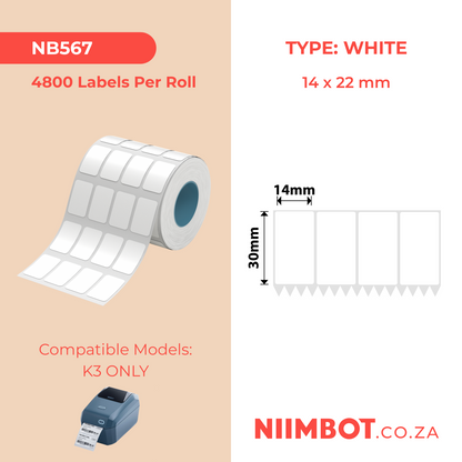 NB567 - NIIMBOT - K3 ONLY - T14X22MM/4L - 4,800 LABELS PER ROLL - WHITE
