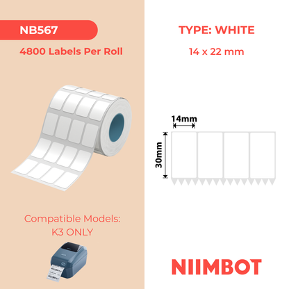 NB567 - NIIMBOT - K3 ONLY - T14X22MM/4L - 4,800 LABELS PER ROLL - WHITE