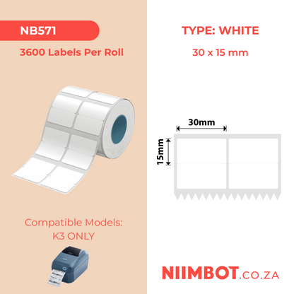 NB571 - NIIMBOT - K3 ONLY - T30X15MM/2L2R - 3,600 LABELS PER ROLL - WHITE