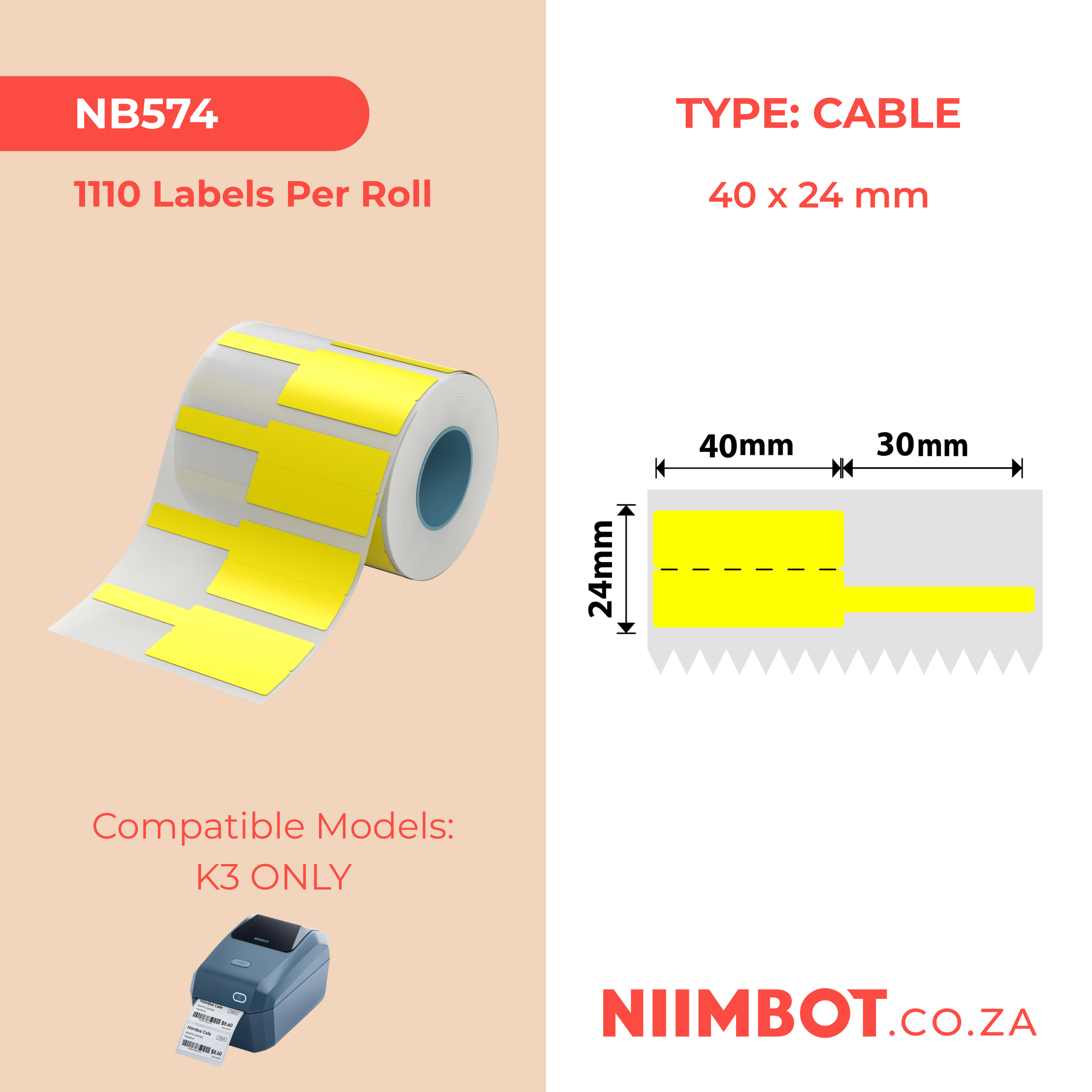 NB574 - NIIMBOT - K3 ONLY - T40X24+30MM - 1,110 LABELS PER ROLL - YELLOW CABLE