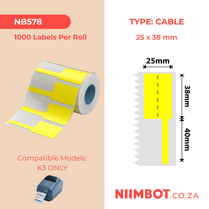 NB578 - NIIMBOT - K3 ONLY - T38X25+40MM - 1,000 LABELS PER ROLL - YELLOW CABLE