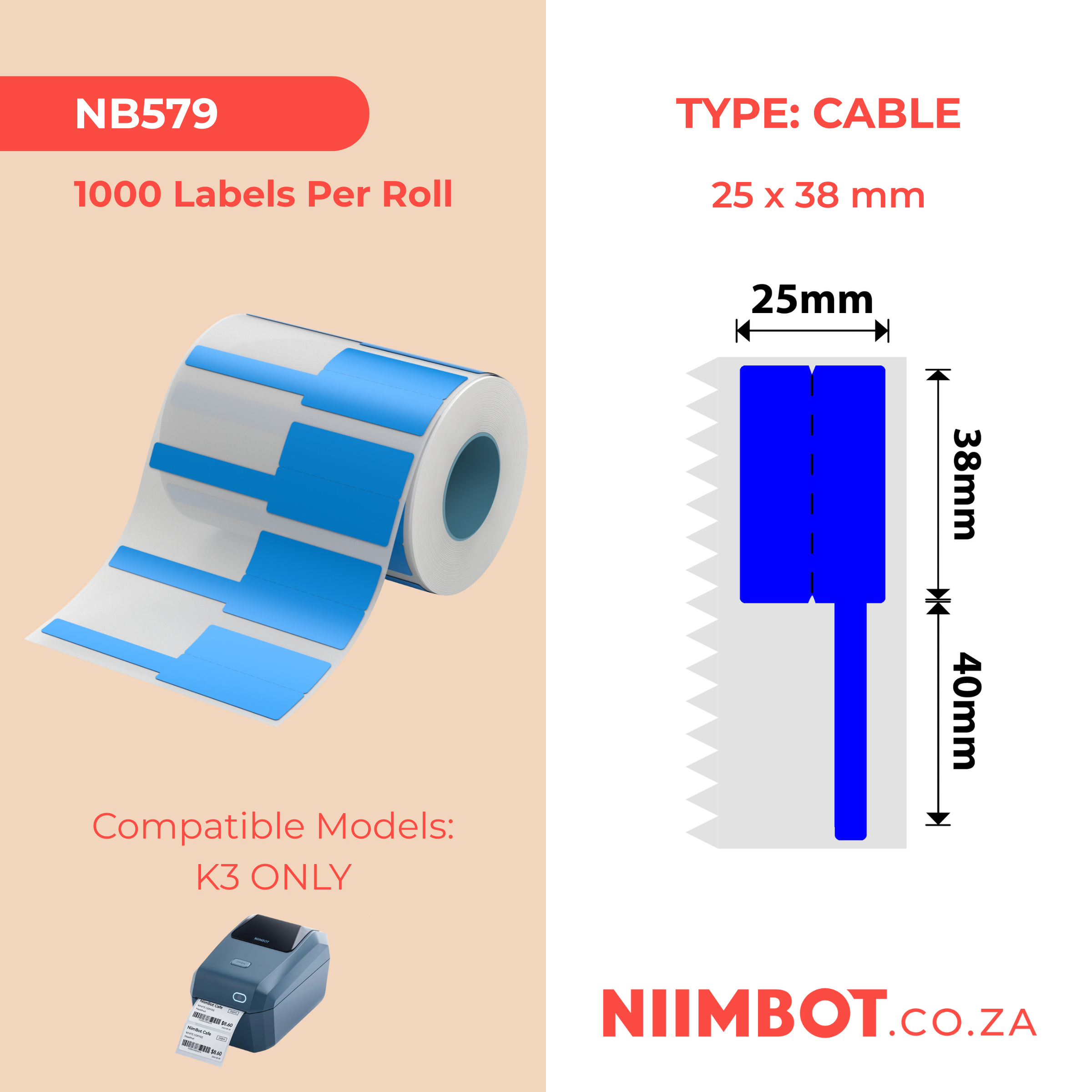NB579 - NIIMBOT - K3 ONLY - T38X25+40MM - 1,000 LABELS PER ROLL - BLUE CABLE