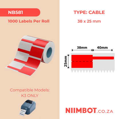 NB581 - NIIMBOT - K3 ONLY - T38X25+40MM - 1,000 LABELS PER ROLL - RED CABLE