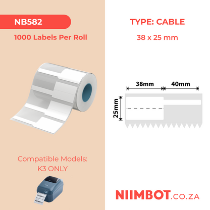 NB582 - NIIMBOT - K3 ONLY - T38X25+40MM - 1,000 LABELS PER ROLL - WHITE CABLE