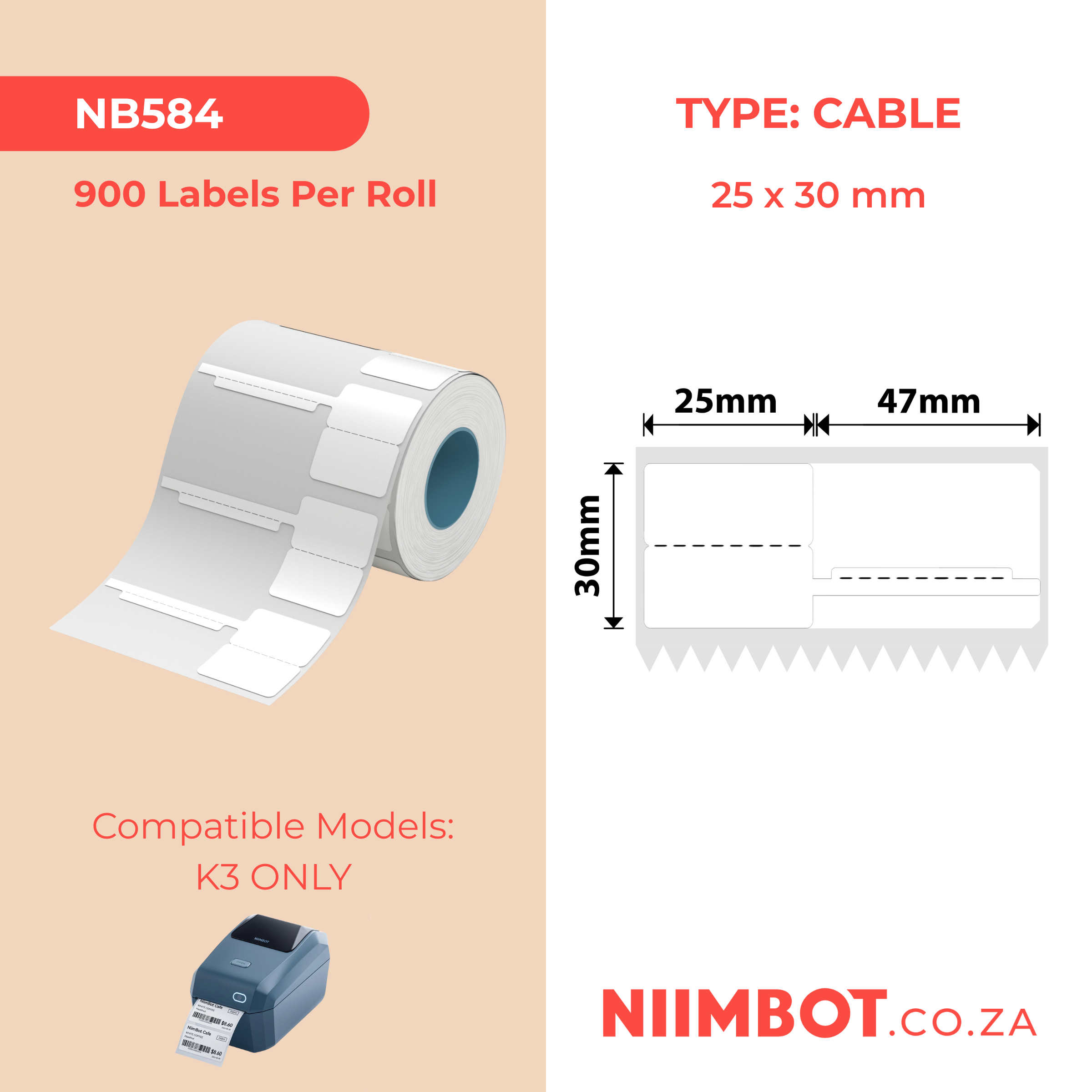 NB584 - NIIMBOT - K3 ONLY - T25X30+47MM - 900 LABELS PER ROLL - WHITE JEWELLERY