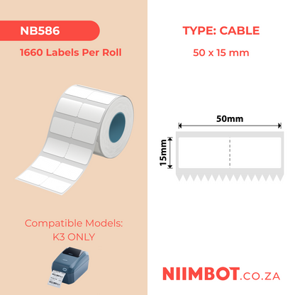 NB586 - NIIMBOT - K2 / K3 - T50X15MM - 1,660 LABELS PER ROLL - WHITE JEWELLERY