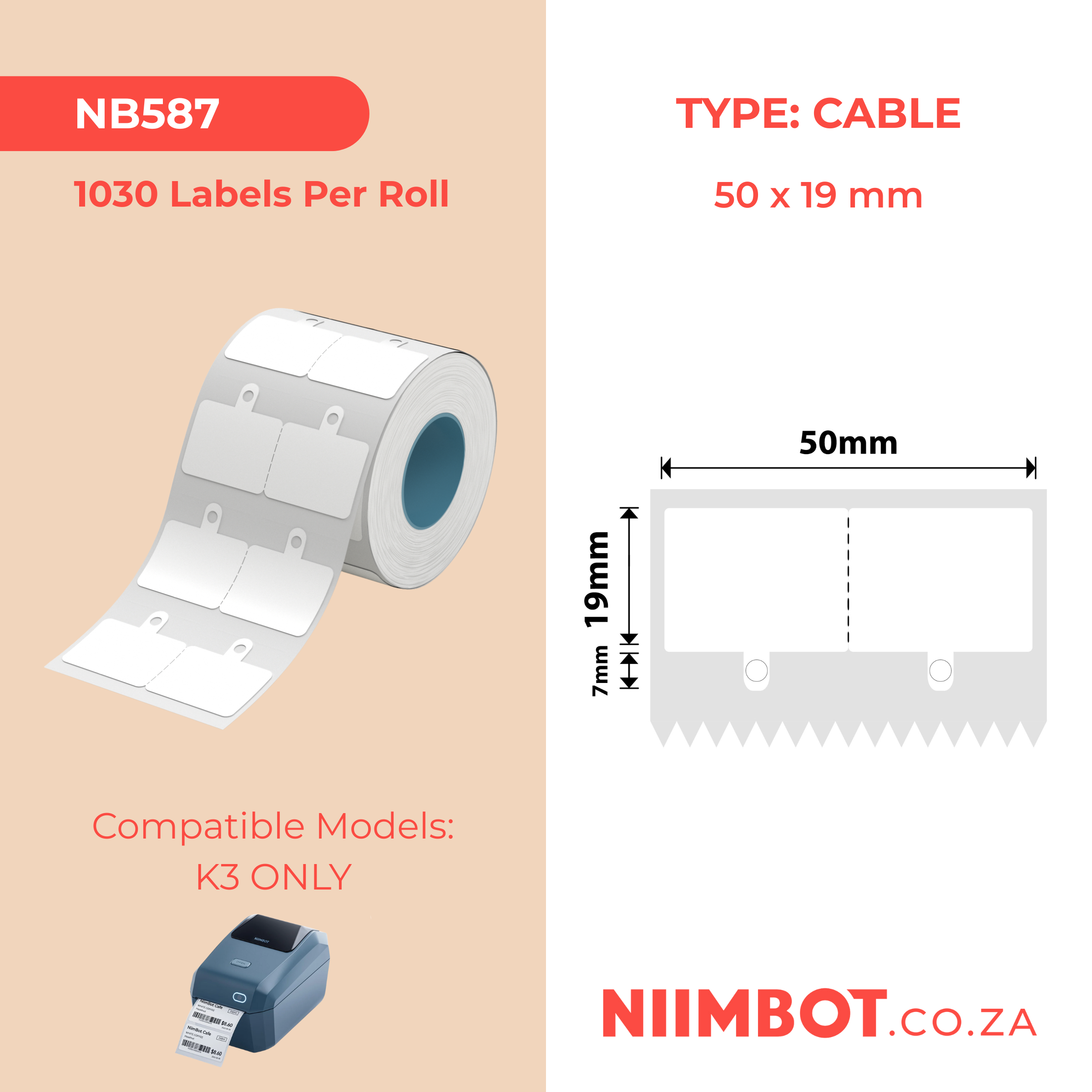 NB587 - NIIMBOT - K2 / K3 - T50X19+7MM - 1,030 LABELS PER ROLL - WHITE JEWELLERY WITH HOLE