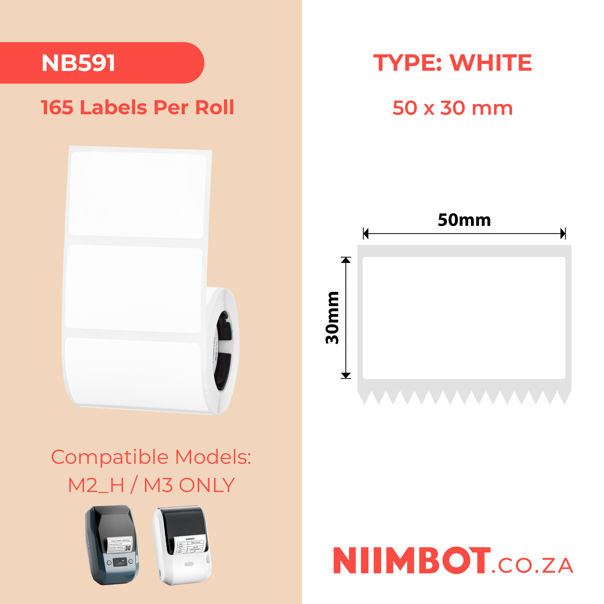 NB591 - NIIMBOT - M2 / M3 - V50X30MM - 165 THERMAL TRANSFER LABELS - WHITE - PVC
