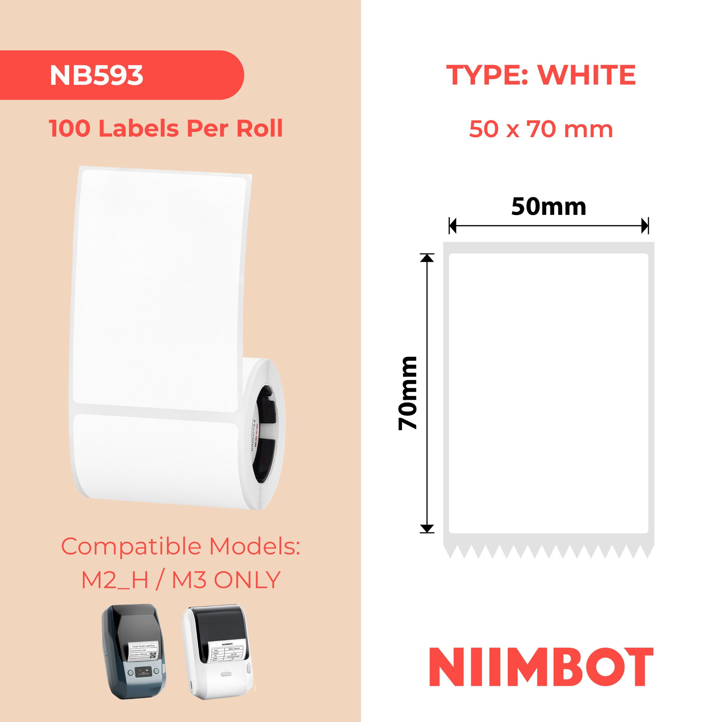 NB593 - NIIMBOT - M2 / M3 - EW50X70MM - 100 THERMAL TRANSFER LABELS - WHITE - RECTANGLE PET