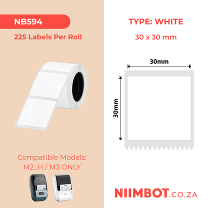 NB594 - NIIMBOT - M2 / M3 - EW30X30MM - 225 THERMAL TRANSFER LABELS - WHITE - SQUARE - PET