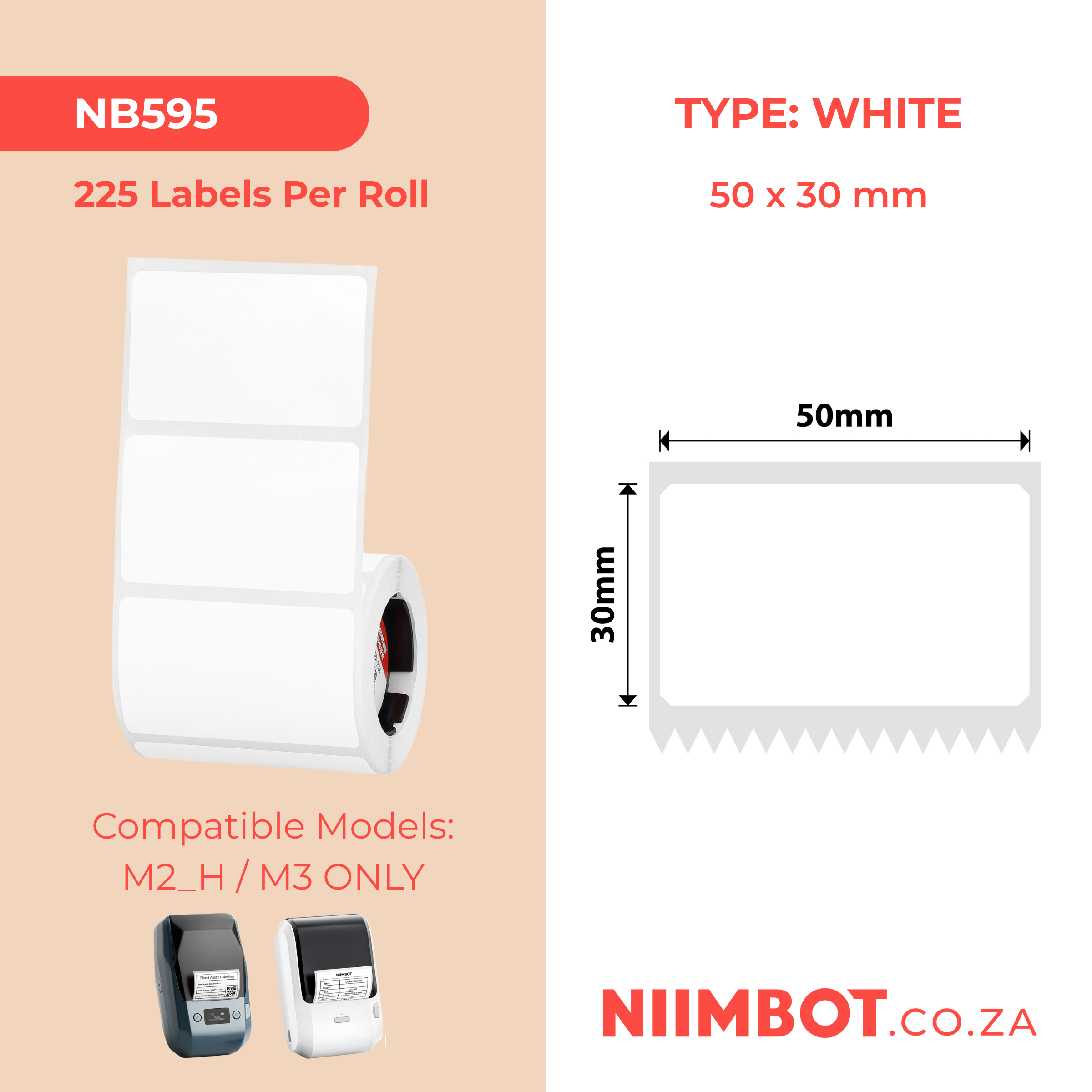 NB595 - NIIMBOT - M2 / M3 - EW50X30MM - 225 THERMAL TRANSFER LABELS - WHITE - RECTANGLE - PET