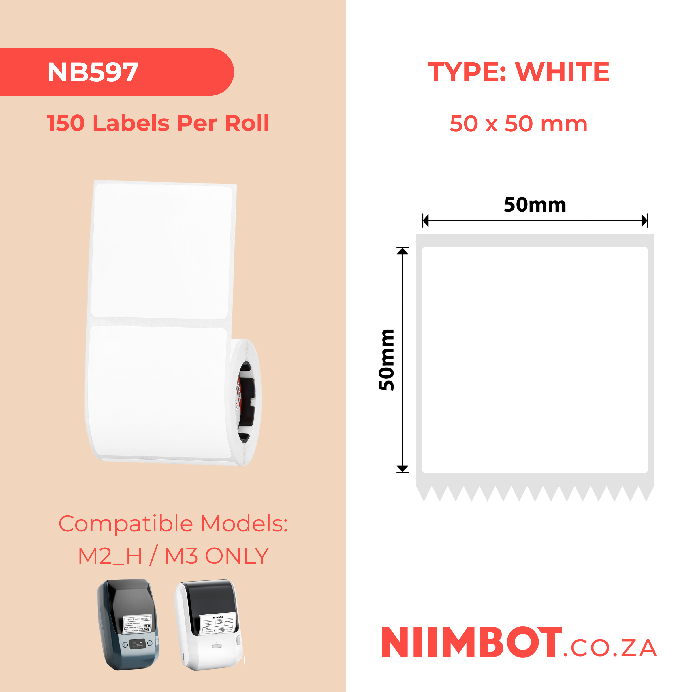 NB597 - NIIMBOT - M2 / M3 - EW50X50MM - 150 THERMAL TRANSFER LABELS - WHITE - SQUARE - PET