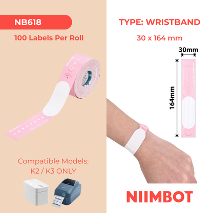 NB618 - NIIMBOT - K2 / K3 - TS30X164MM - 100 WRISTBANDS PER ROLL - PINK - NEWBORN