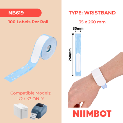 NB619 - Niimbot - K2 / K3 - 35x260mm - 100 Adult Blue Wristbands