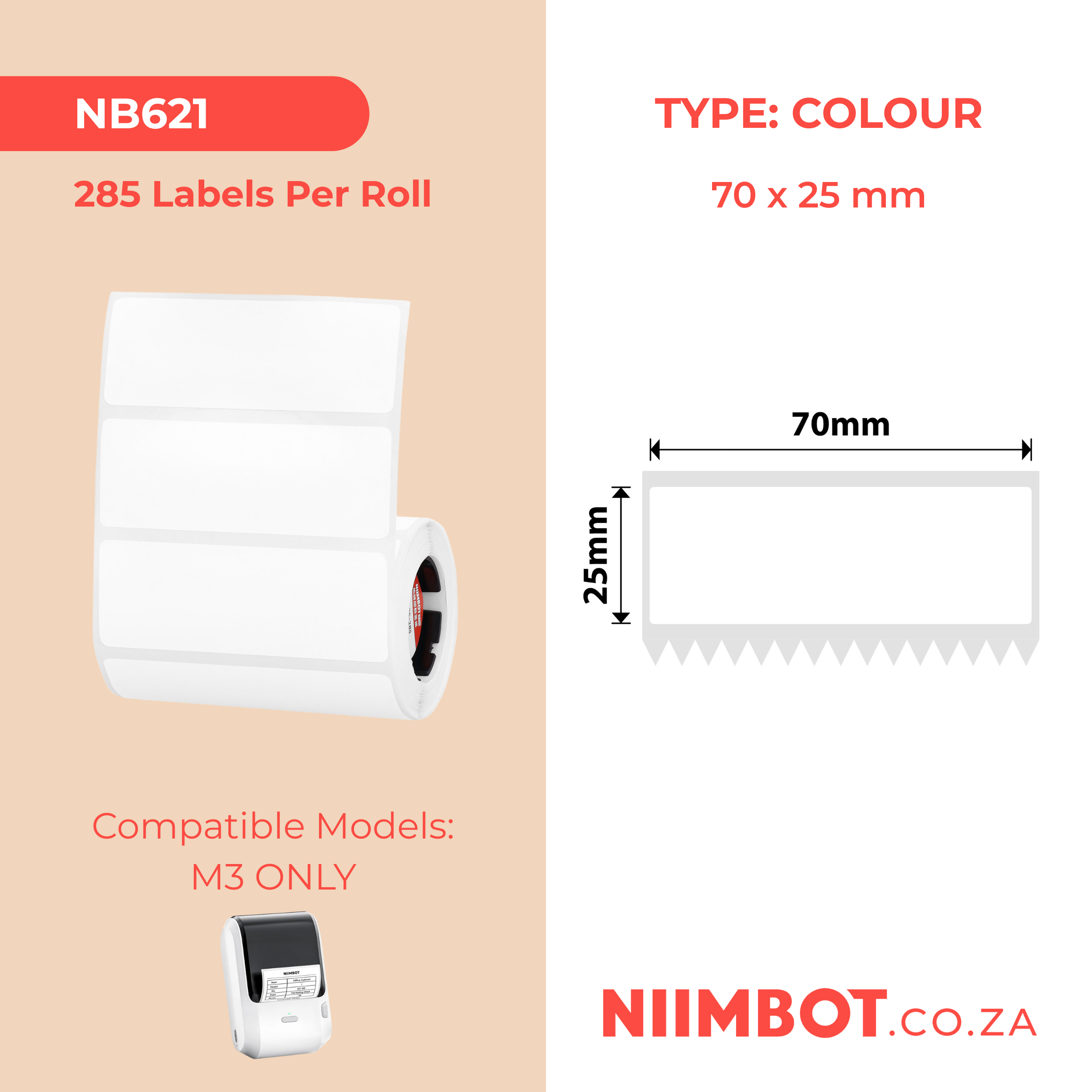 NB621 - NIIMBOT - M3 ONLY - EW70X25MM - 285 THERMAL TRANSFER LABELS - WHITE - RECTANGLE
