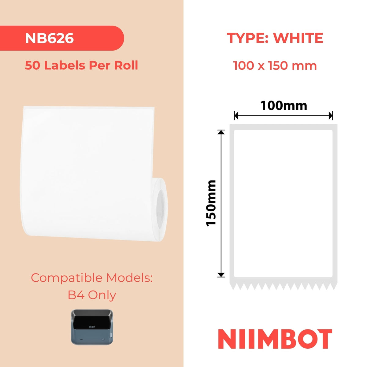NIIMBOT - B4 Only - 100x150mm - White - 50 Labels