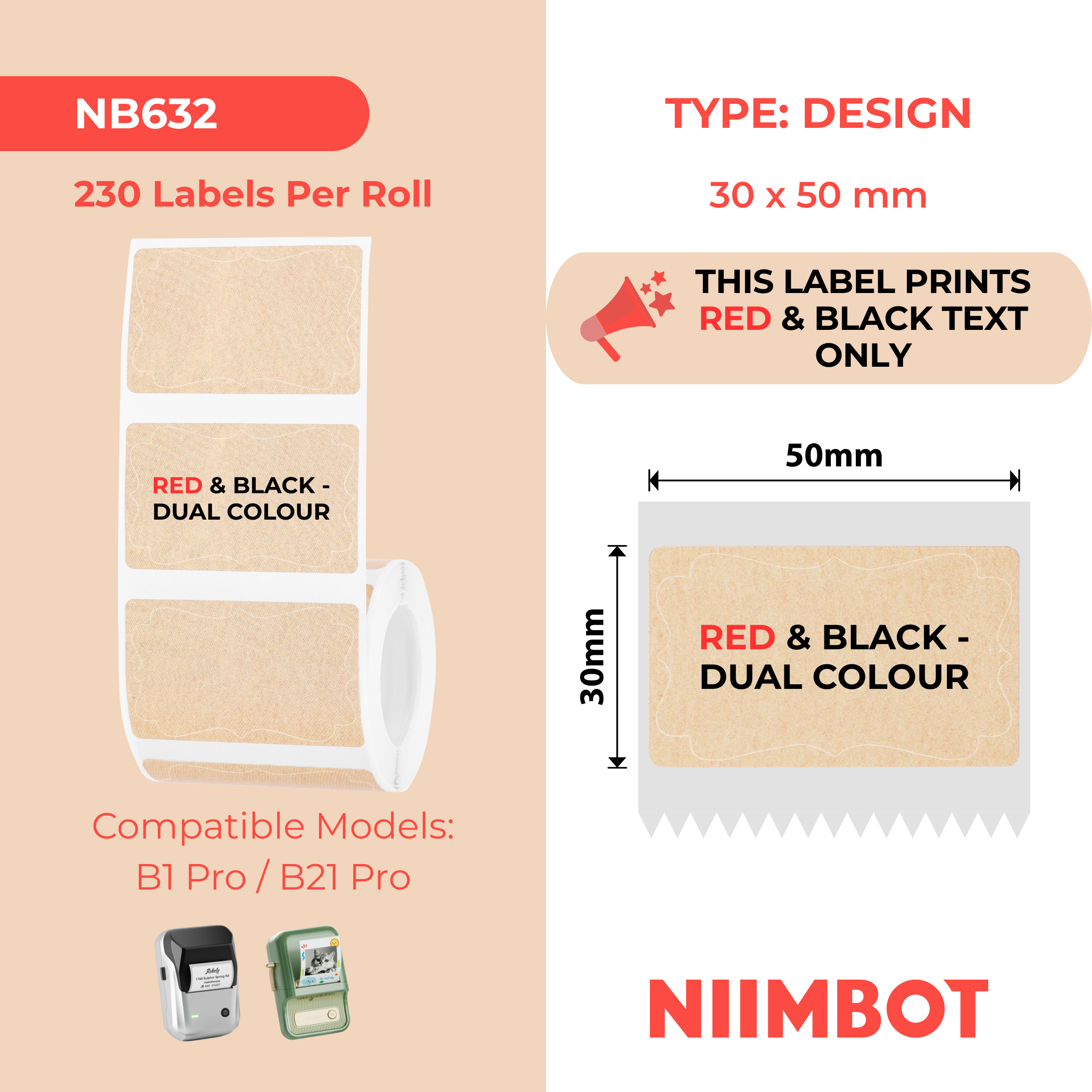 NB632 - Niimbot - B1-Pro / B2-Pro / B21-Pro Only - 50x30mm - 230 Kraft Red & Black Text Dual Colour Vintage Frame Labels
