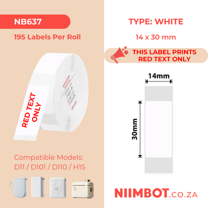 NB637 - NIIMBOT - D11 / D101 / D110 / H1S - T14X30MM - 195 LABELS PER ROLL - WHITE - RED TEXT ONLY - RECTANGLE