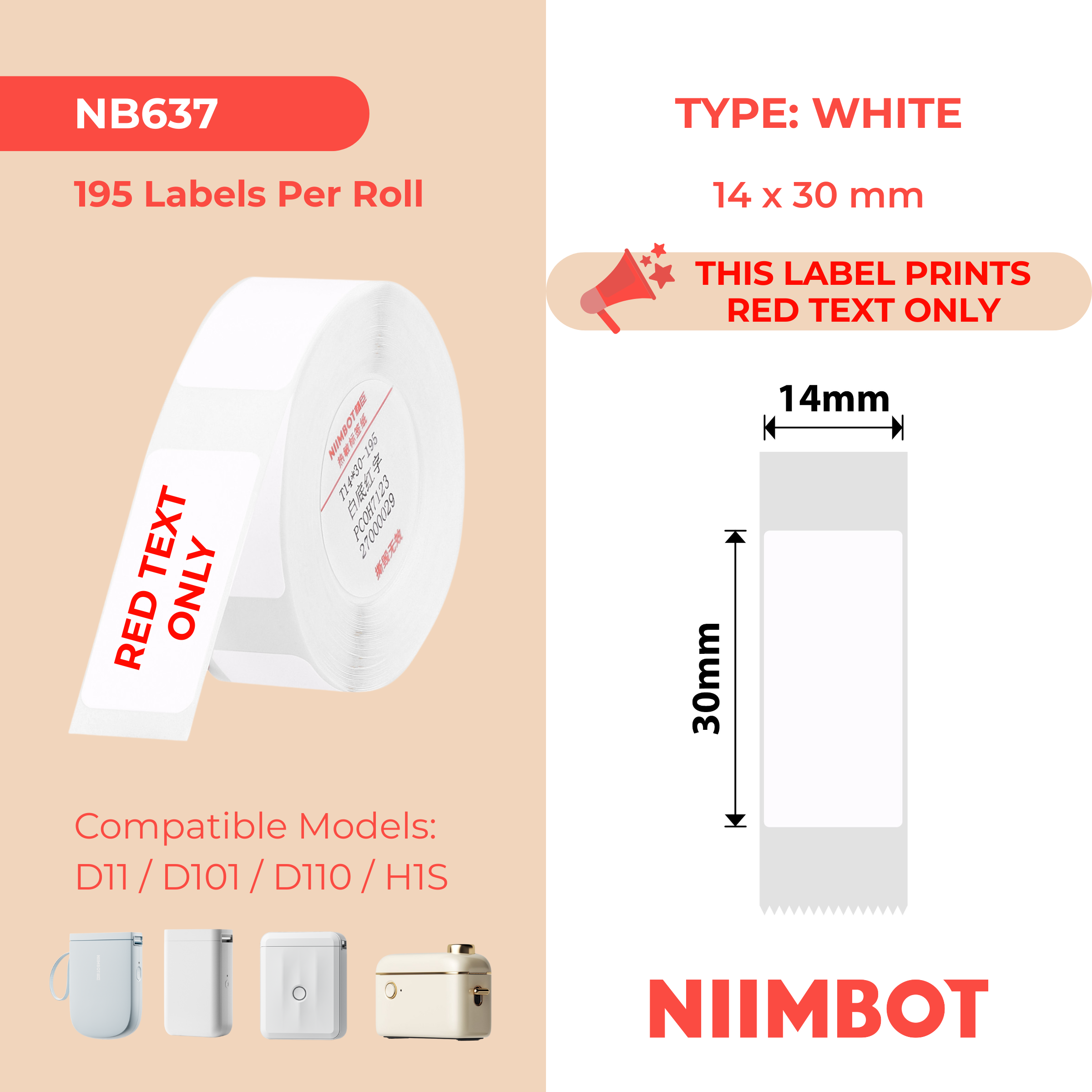 NB637 - Niimbot - D11 / D101 / D110 / H1S - 14x30mm - 195 White Red Text Labels