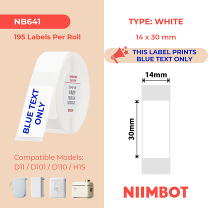 NB641 - NIIMBOT - D11 / D101 / D110 / H1S - T14X30MM - 195 LABELS - WHITE - BLUE TEXT ONLY - RECTANGLE