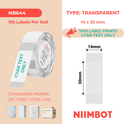NB644 - NIIMBOT - D11 / D101 / D110 / H1S - TT14X30MM - 195 LABELS - TRANSPARENT -  CYAN TEXT ONLY - RECTANGLE