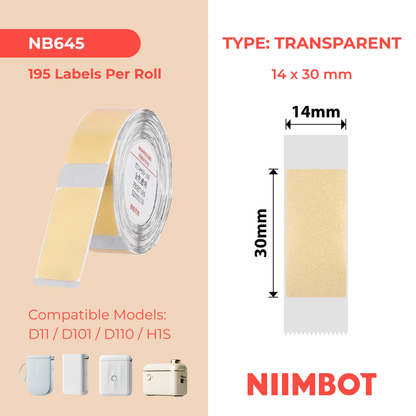 NB645 - NIIMBOT - D11 / D101 / D110 / H1S - TT14X30MM - 195 LABELS - GOLD TRANSPARENT - RECTANGLE