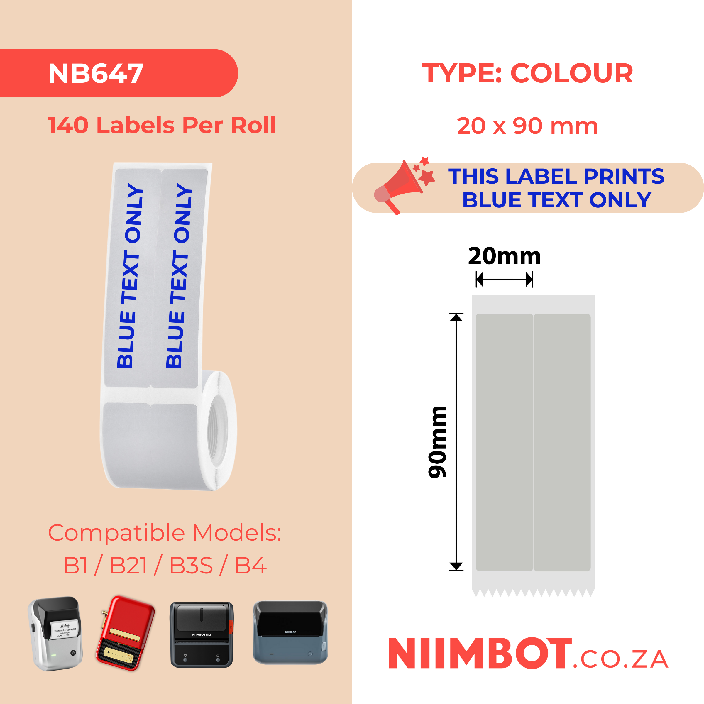 NB647 - NIIMBOT - B1 / B21 / B3S / B4 - T20X90/2L - 140 LABELS PER ROLL - SILVER GRAY - BLUE TEXT ONLY - RECTANGLE