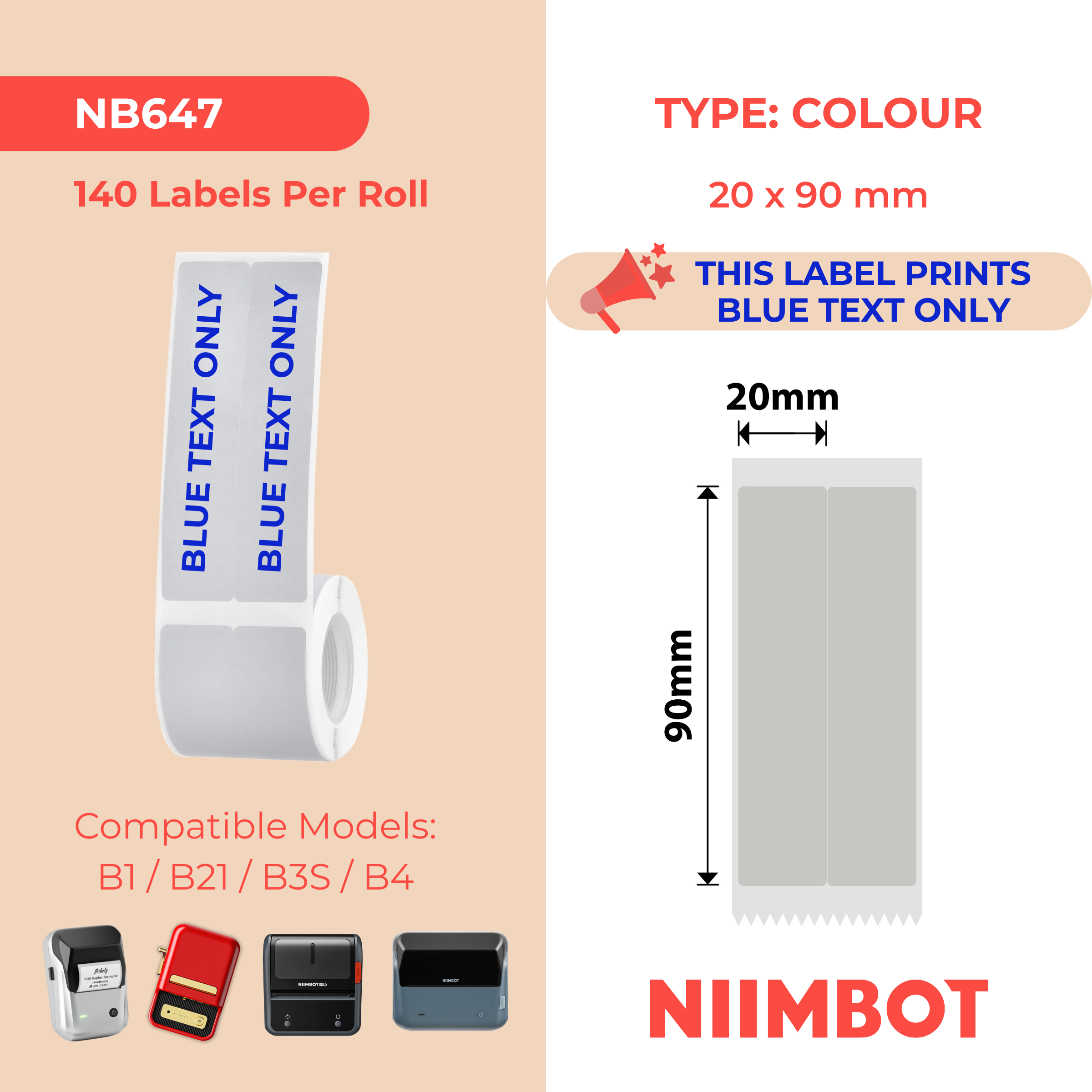 NB647 - Niimbot - B1 / B21 / B31 / B3S / B4 - 20mmX90mm/2L - 140 Silver Grey & Blue Text Labels
