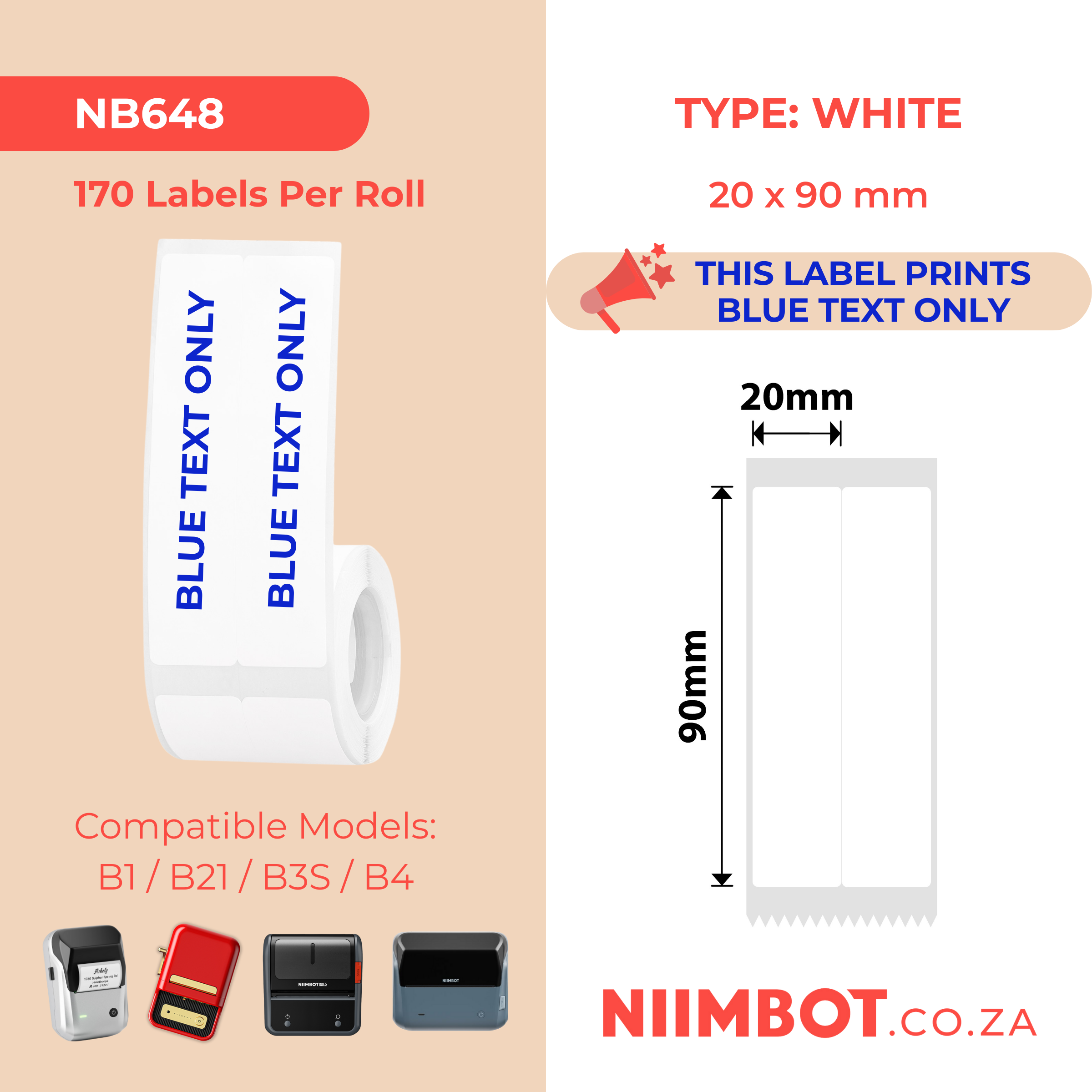 NB648 - NIIMBOT - B1 / B21 / B3S / B4 - T20X90/2L - 170 LABELS PER ROLL - WHITE - BLUE TEXT ONLY - RECTANGLE