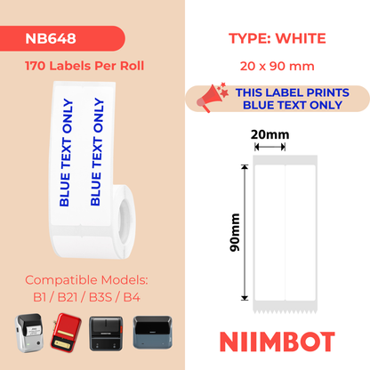 NB648 - NIIMBOT - B1 / B21 / B3S / B4 - T20X90/2L - 170 LABELS PER ROLL - WHITE - BLUE TEXT ONLY - RECTANGLE