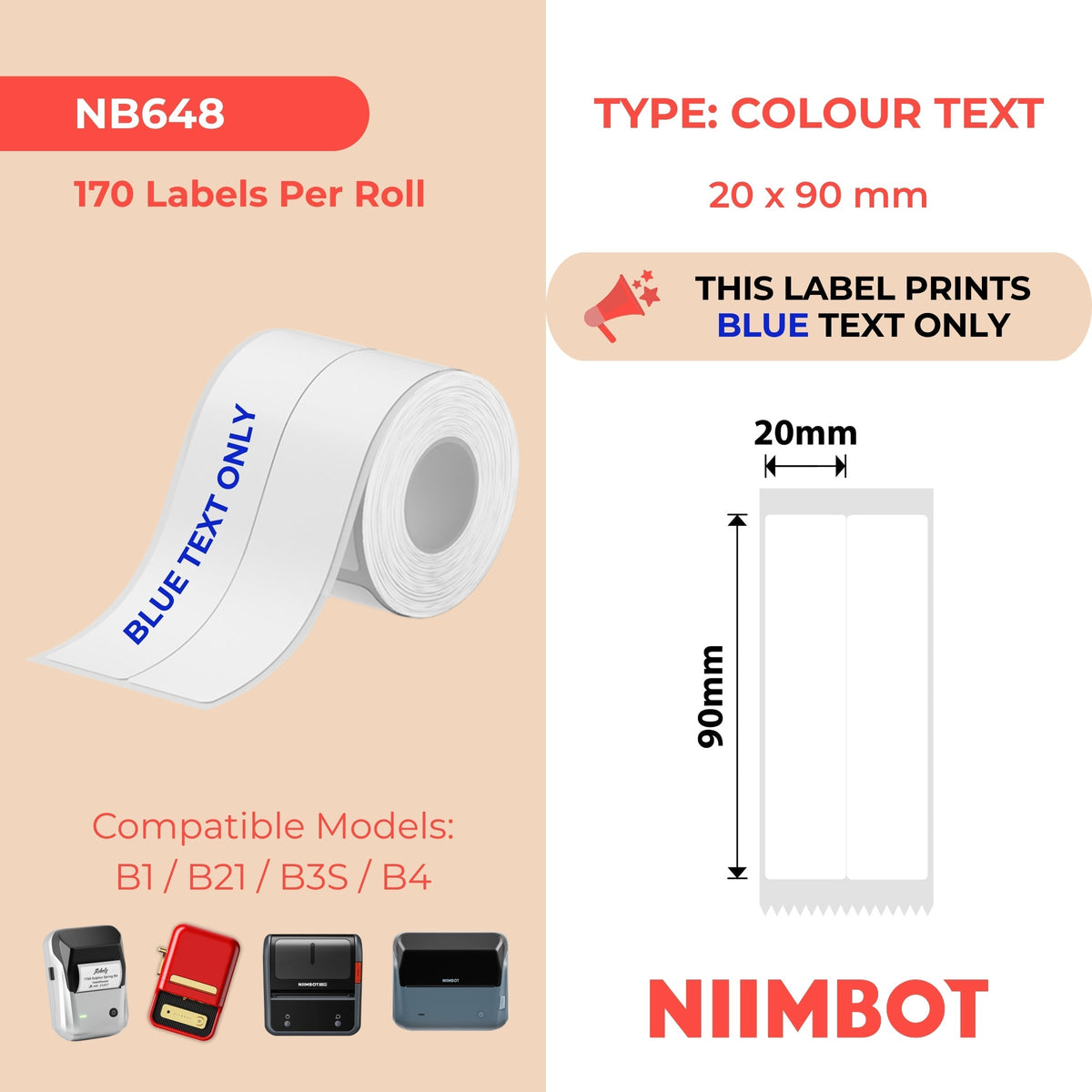 NIIMBOT - B Range - 20x90mm/2L - White Blue Text - 170 Labels
